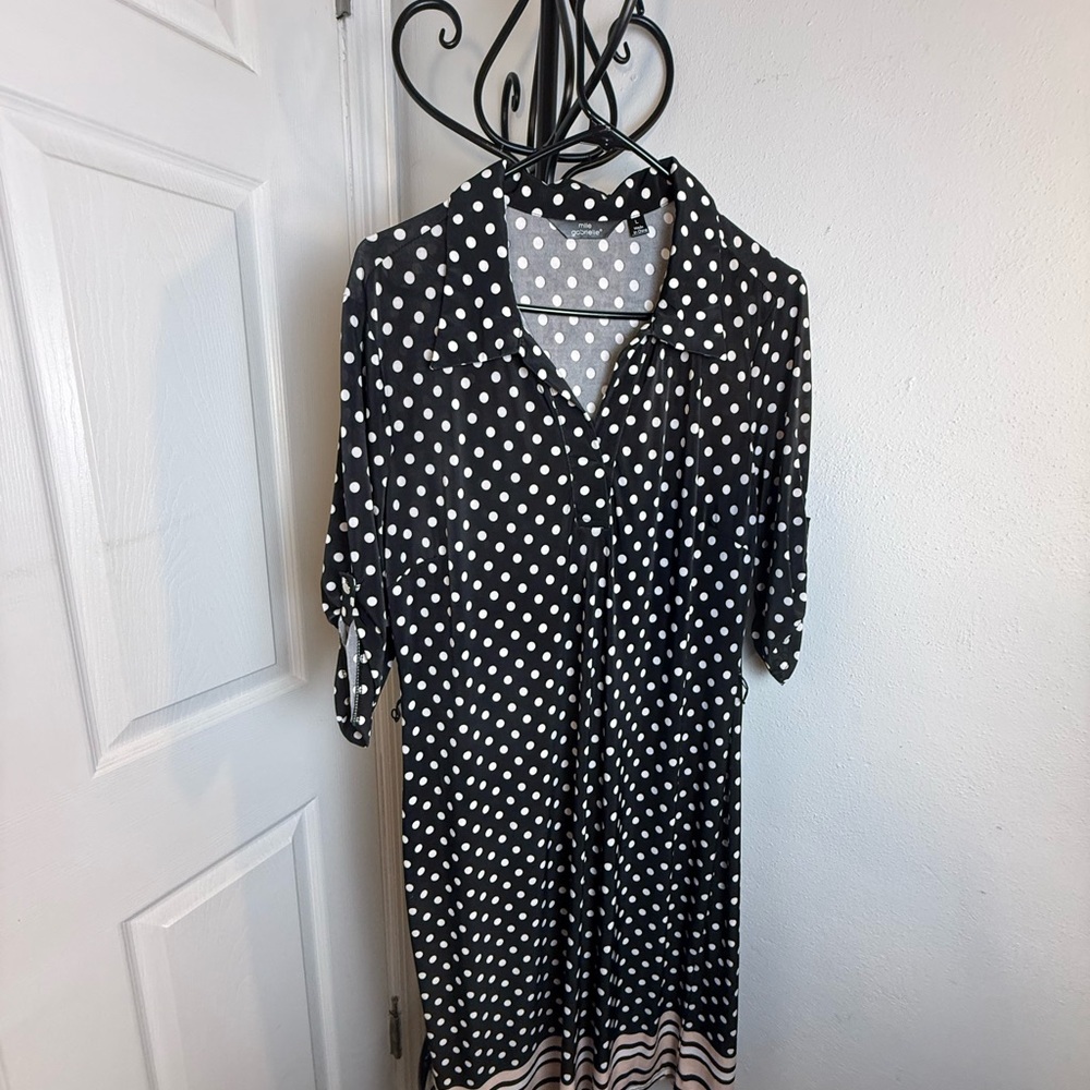 Mlle Gabrielle Black and White Midi Dress with Notched Collar